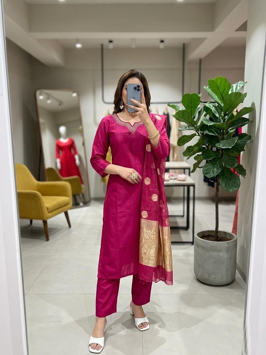 Magenta Pink Embroidered Kurta Set with Banarasi Dupatta